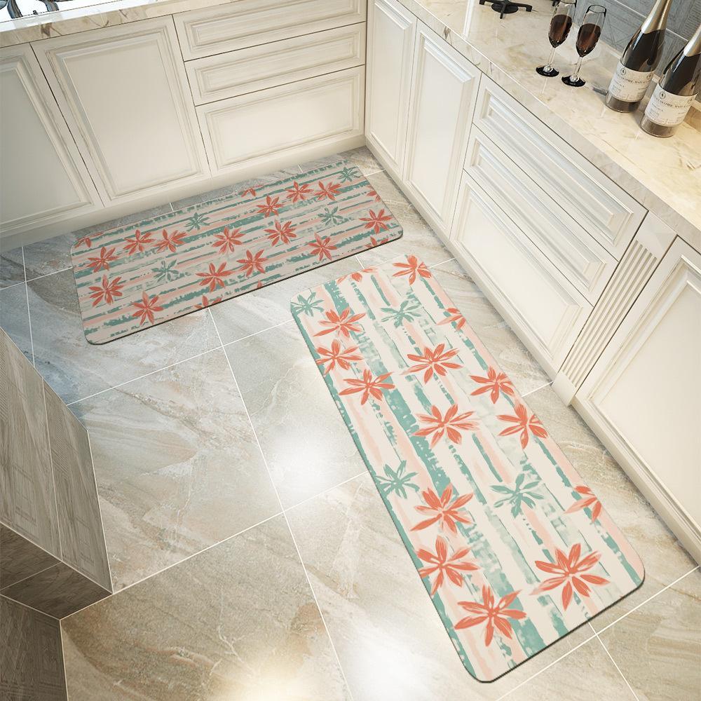 Kitchen Floor Mats – Coral Pink & Mint Green Floral Stripe Botanical Print