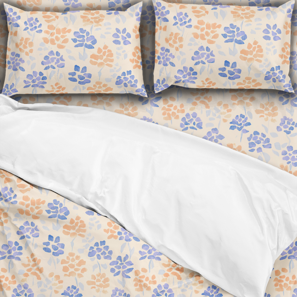 Bedding Set – Light Blue & Orange Ditsy Floral Print on Cream Background