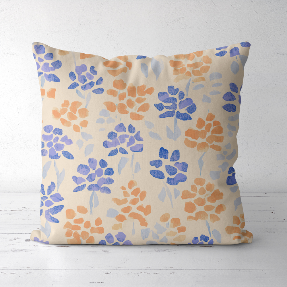 Throw Pillow – Light Blue & Orange Ditsy Floral Print on Cream Background