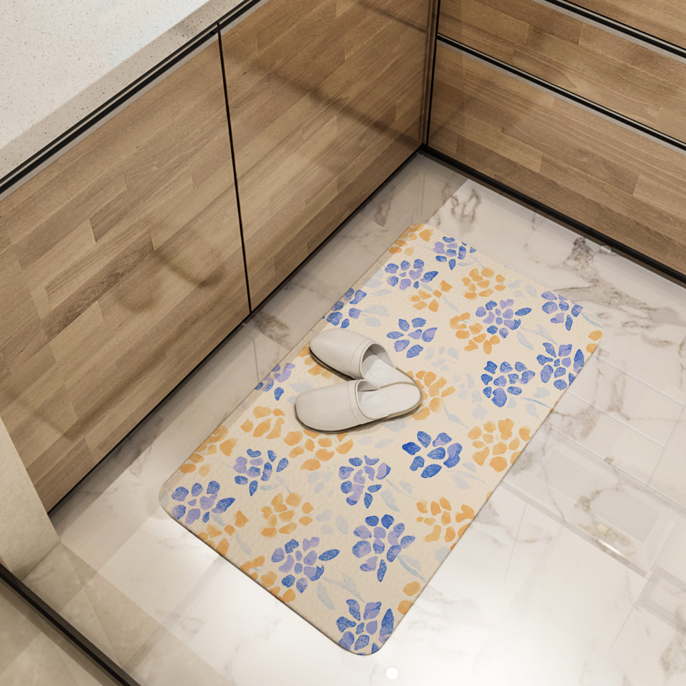 Kitchen Floor Mats – Light Blue & Orange Ditsy Floral Print on Cream Background