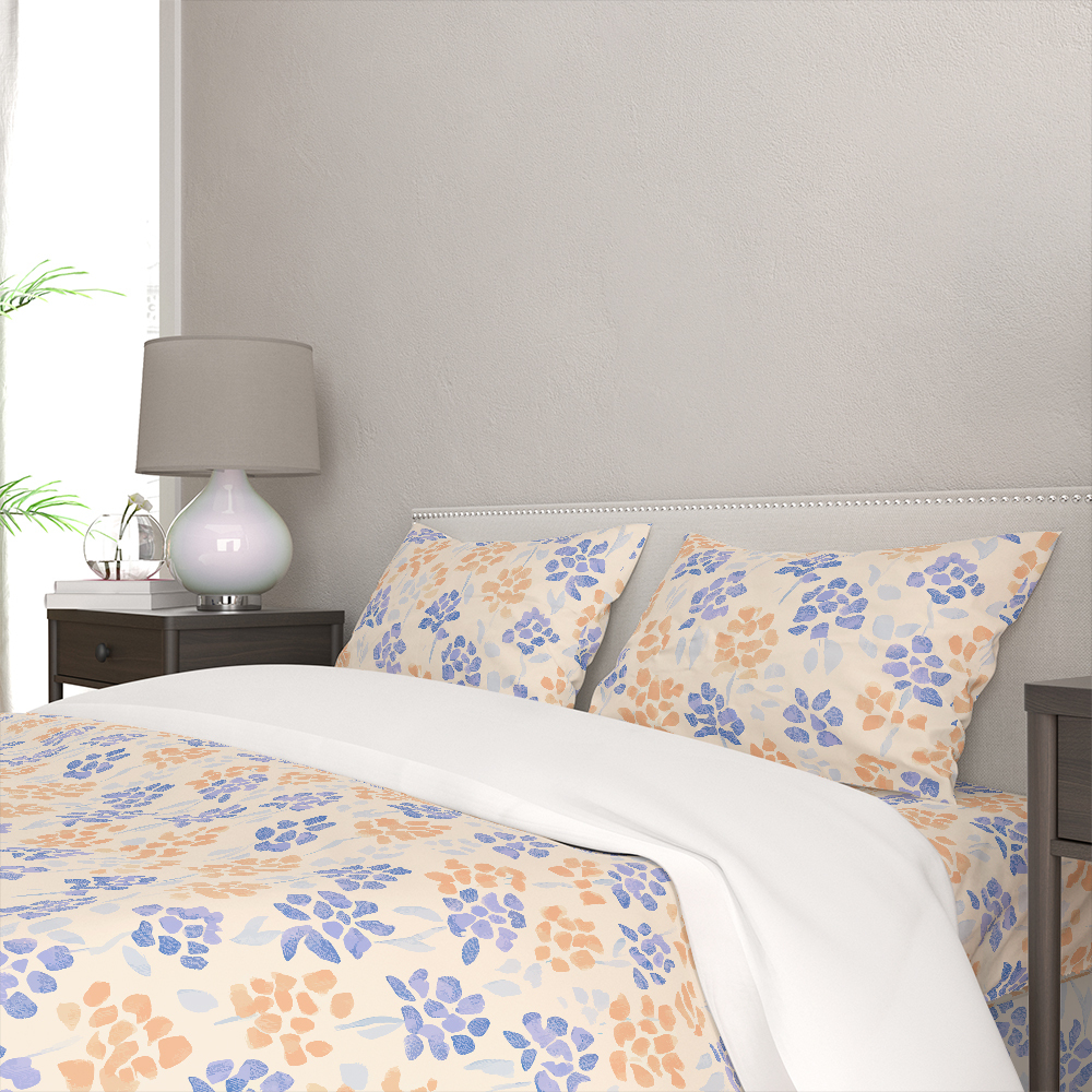 Bedding Set – Light Blue & Orange Ditsy Floral Print on Cream Background