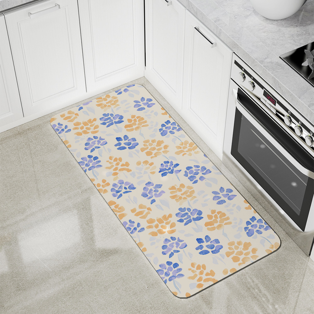 Kitchen Floor Mats – Light Blue & Orange Ditsy Floral Print on Cream Background