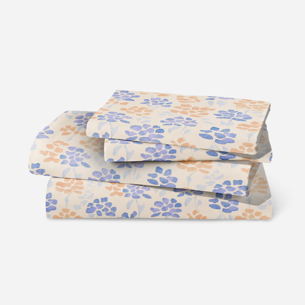 Bedding Set – Light Blue & Orange Ditsy Floral Print on Cream Background