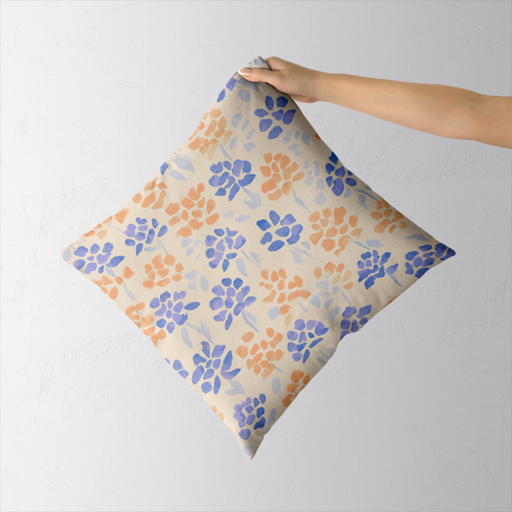 Throw Pillow – Light Blue & Orange Ditsy Floral Print on Cream Background