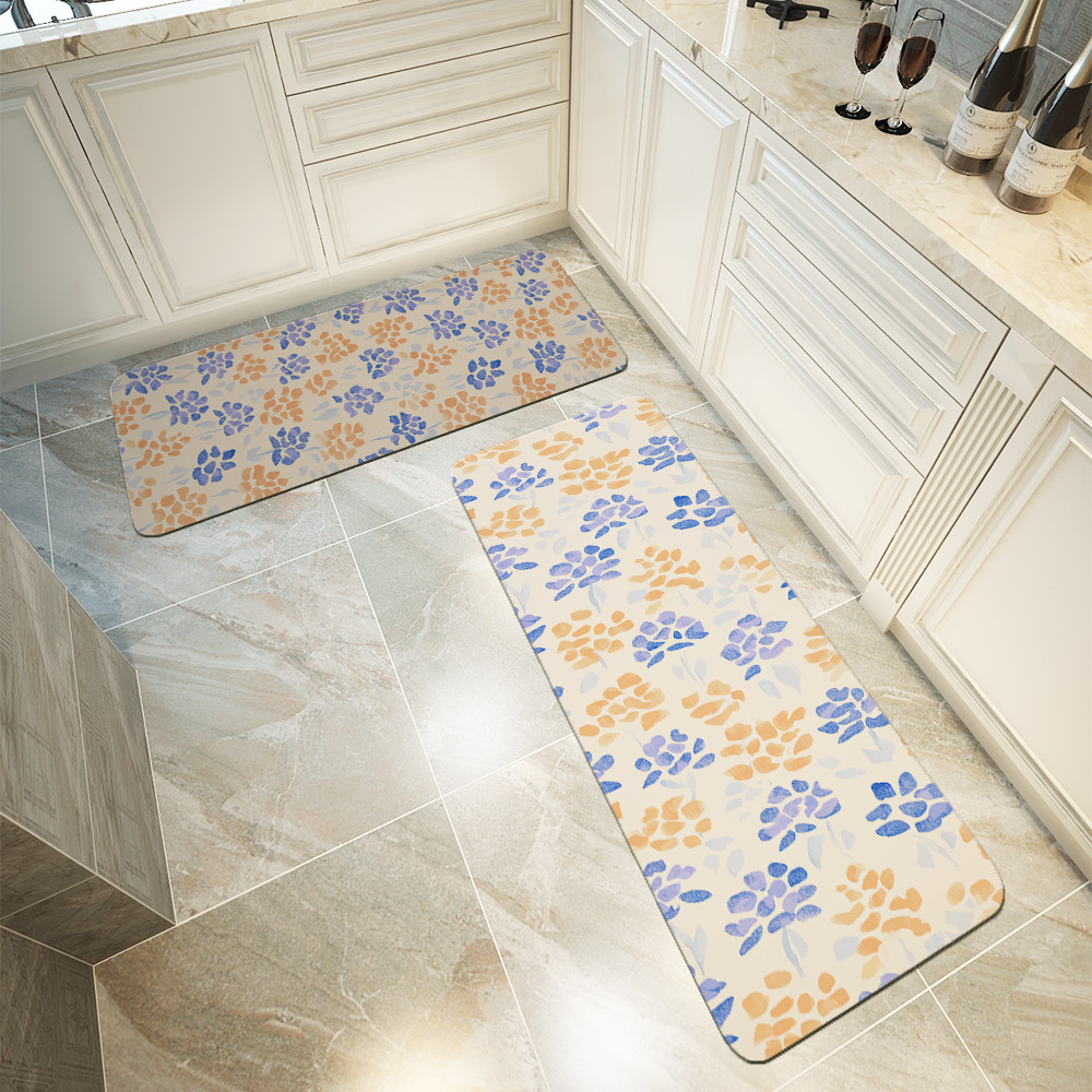 Kitchen Floor Mats – Light Blue & Orange Ditsy Floral Print on Cream Background