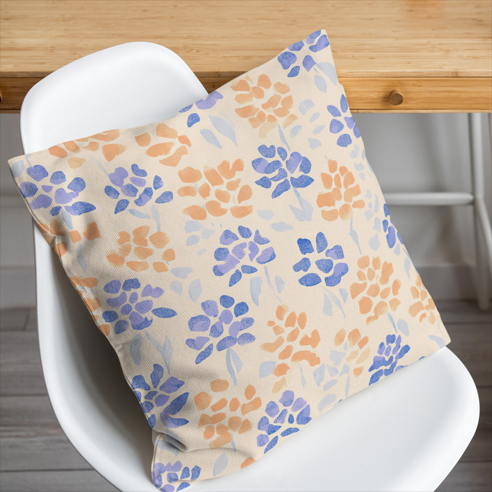 Throw Pillow – Light Blue & Orange Ditsy Floral Print on Cream Background