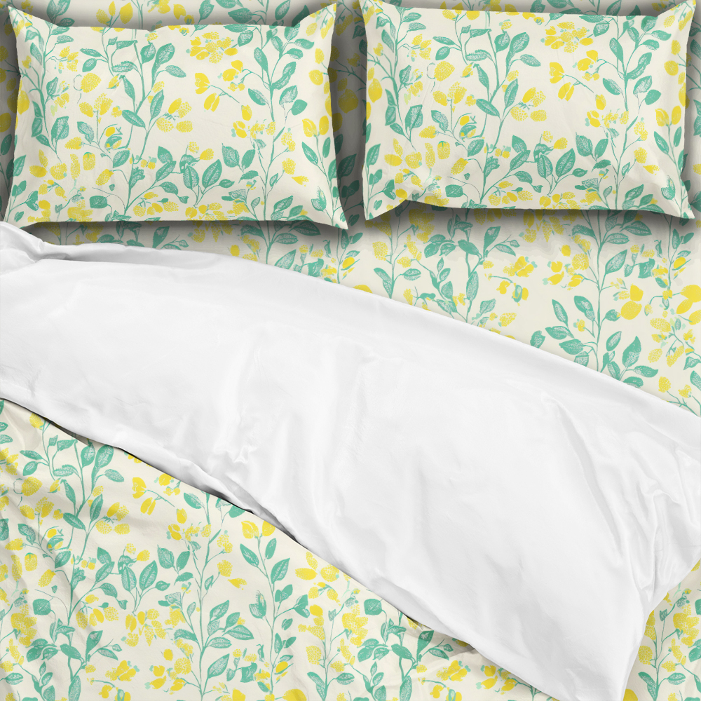 Bedding Set – Lemon Yellow & Green Leaf on Cream Background