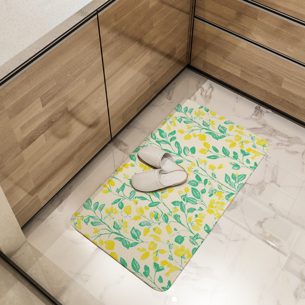 Kitchen Floor Mats – Lemon Yellow & Green Leaf on Cream Background