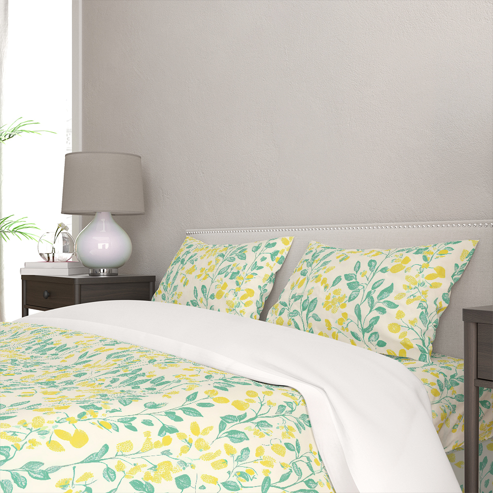 Bedding Set – Lemon Yellow & Green Leaf on Cream Background