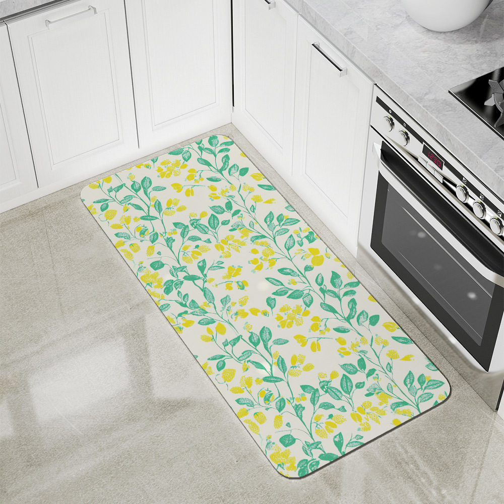 Kitchen Floor Mats – Lemon Yellow & Green Leaf on Cream Background
