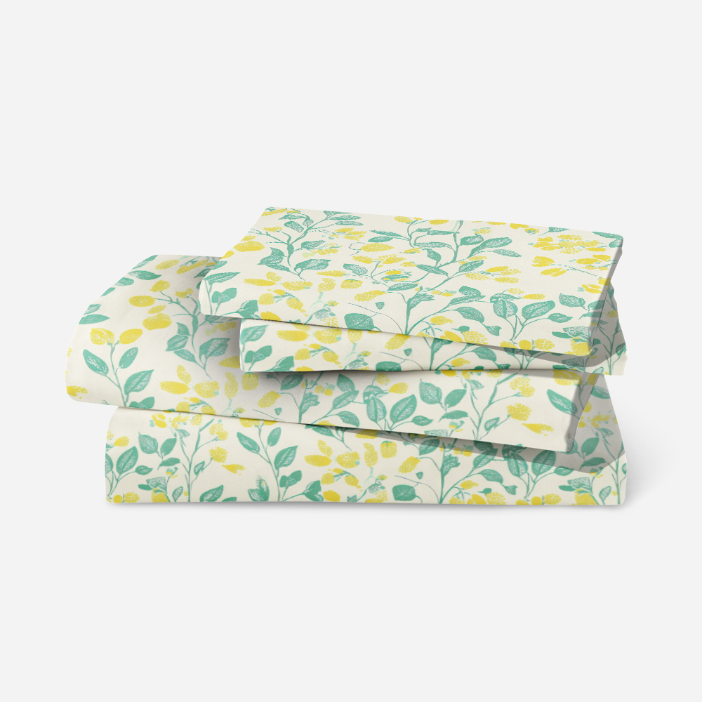 Bedding Set – Lemon Yellow & Green Leaf on Cream Background