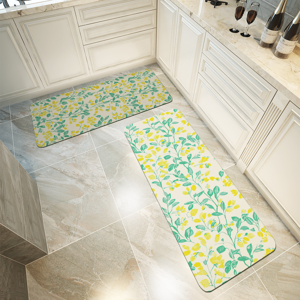 Kitchen Floor Mats – Lemon Yellow & Green Leaf on Cream Background