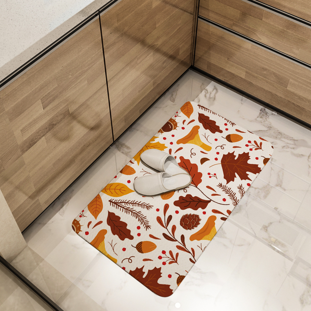 Kitchen Floor Mats – Fall Leaves, Mushroom & Acorns Botanical Print