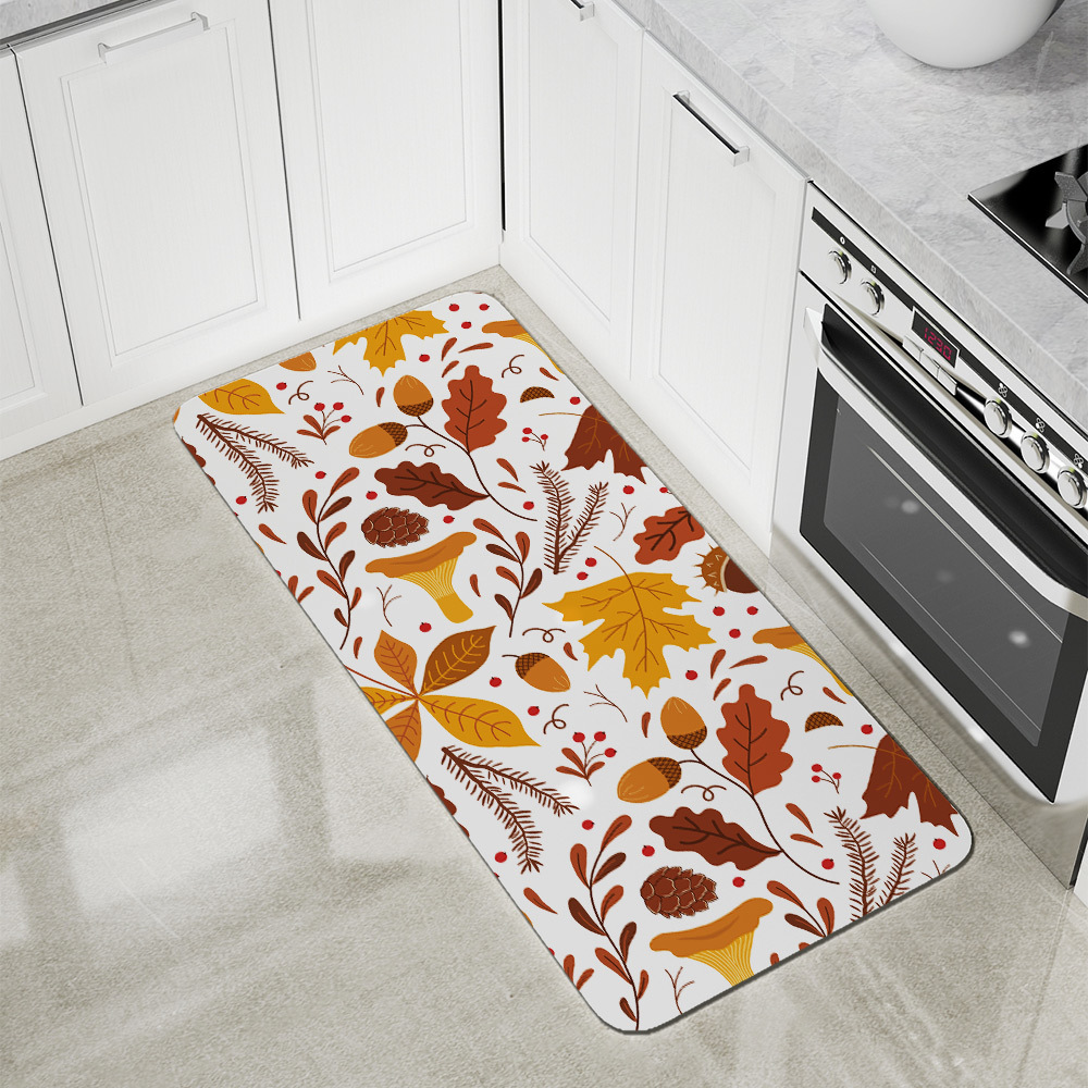 Kitchen Floor Mats – Fall Leaves, Mushroom & Acorns Botanical Print