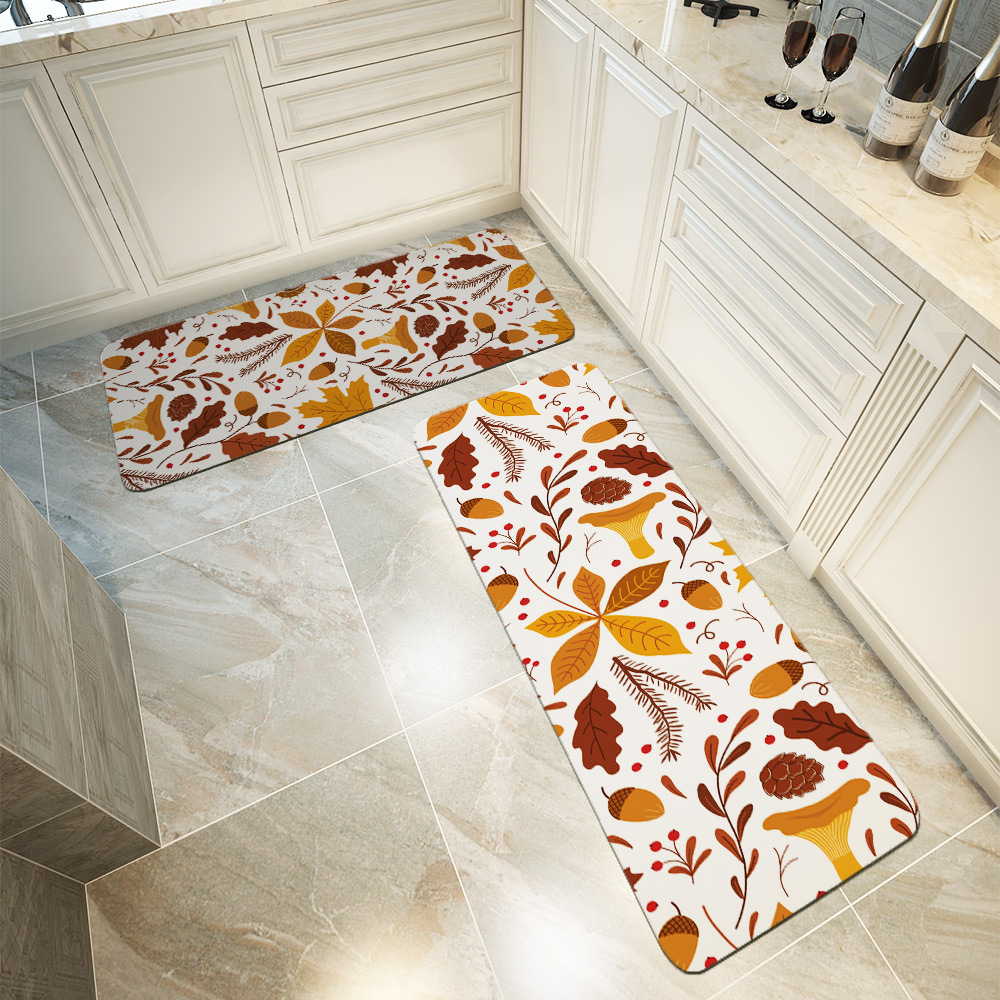 Kitchen Floor Mats – Fall Leaves, Mushroom & Acorns Botanical Print