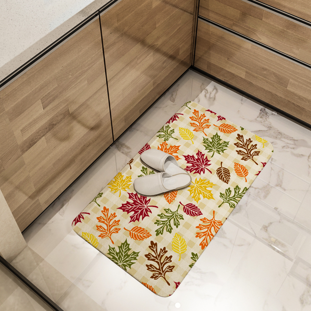 Kitchen Floor Mats – Autumn Leaves with Plaid Background