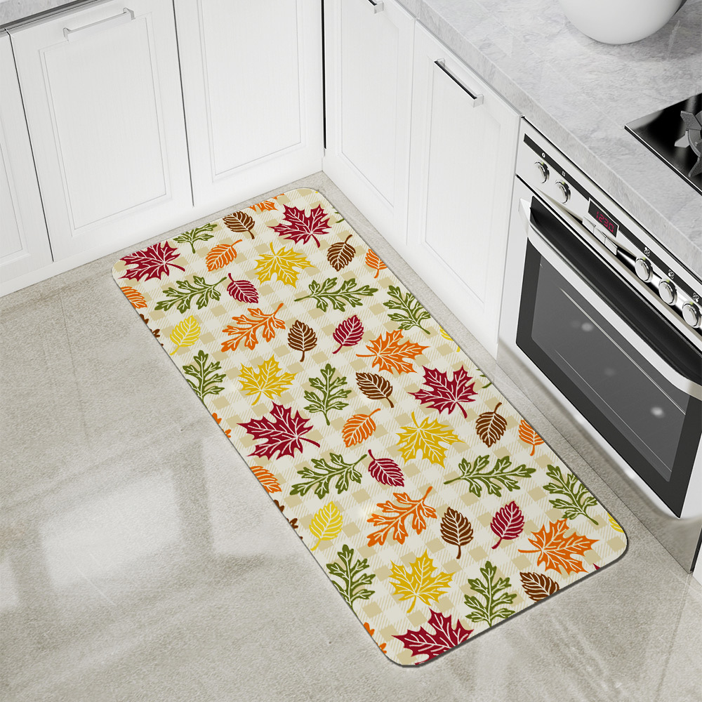Kitchen Floor Mats – Autumn Leaves with Plaid Background