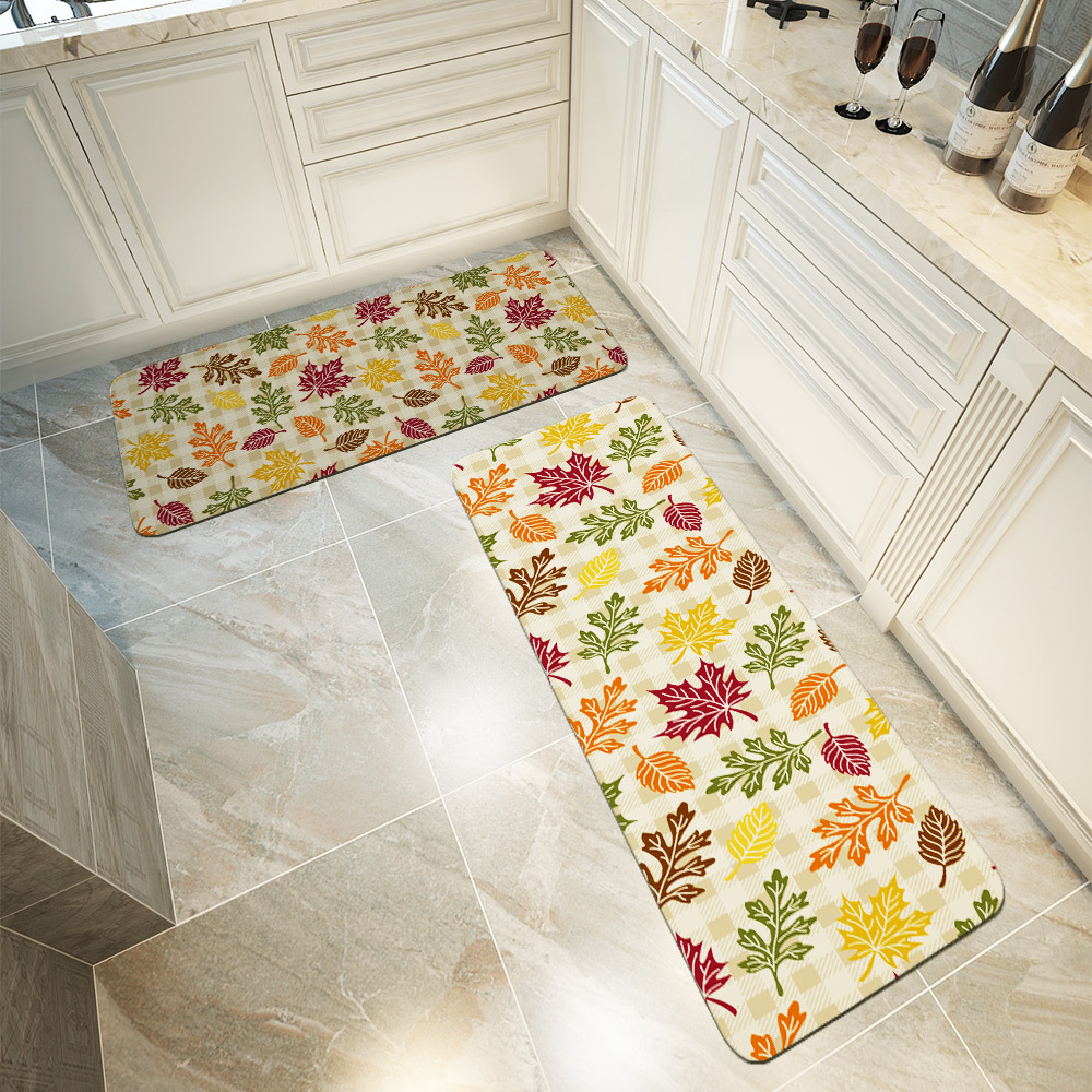 Kitchen Floor Mats – Autumn Leaves with Plaid Background