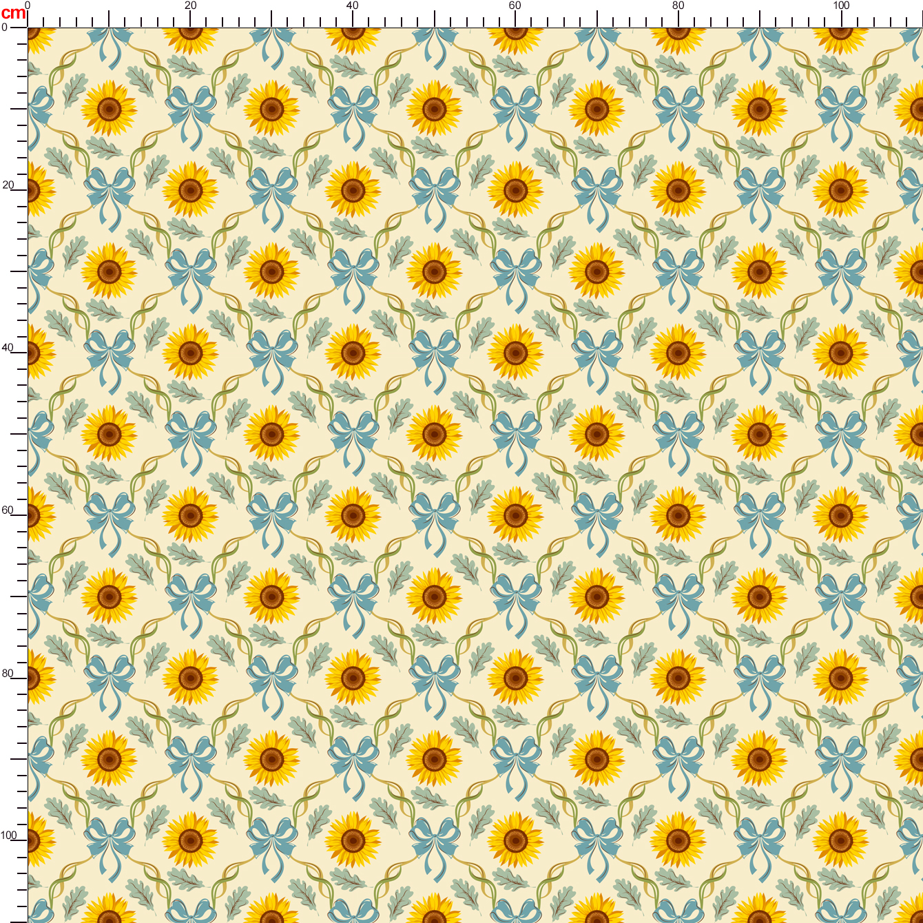 Vintage Sunflower and Blue Ribbon Symmetrical Pattern – Custom Print Fabrics