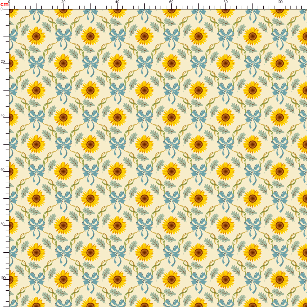 Vintage Sunflower and Blue Ribbon Symmetrical Pattern – Custom Print Fabrics