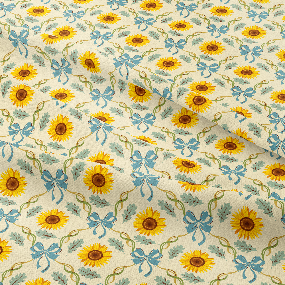 Vintage Sunflower and Blue Ribbon Symmetrical Pattern – Custom Print Fabrics