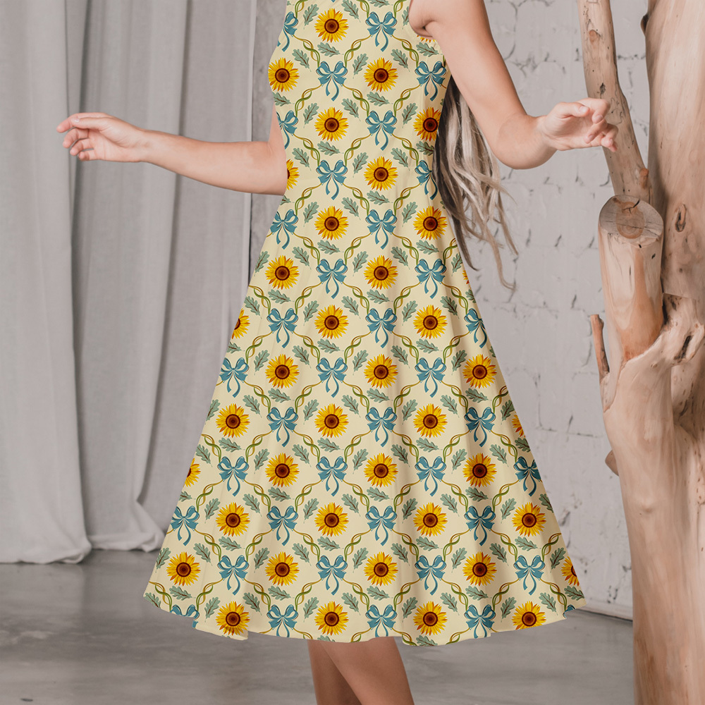 Vintage Sunflower and Blue Ribbon Symmetrical Pattern – Custom Print Fabrics