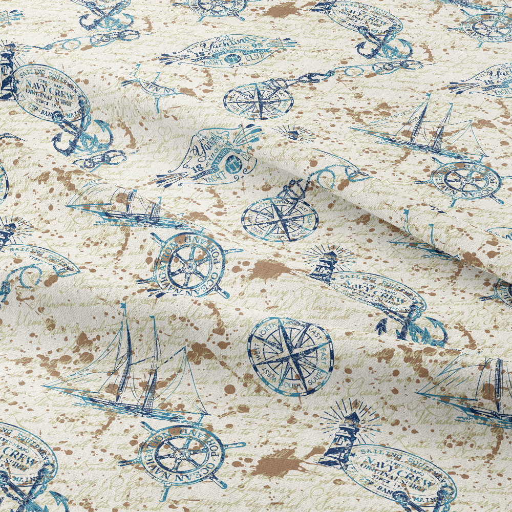 Marine and Nautical Elements with Ink Lettering Background Vintage Fabric - Custom Print Solutions