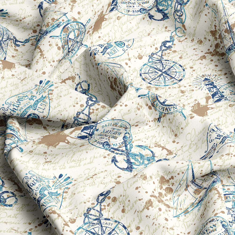 Marine and Nautical Elements with Ink Lettering Background Vintage Fabric - Custom Print Solutions