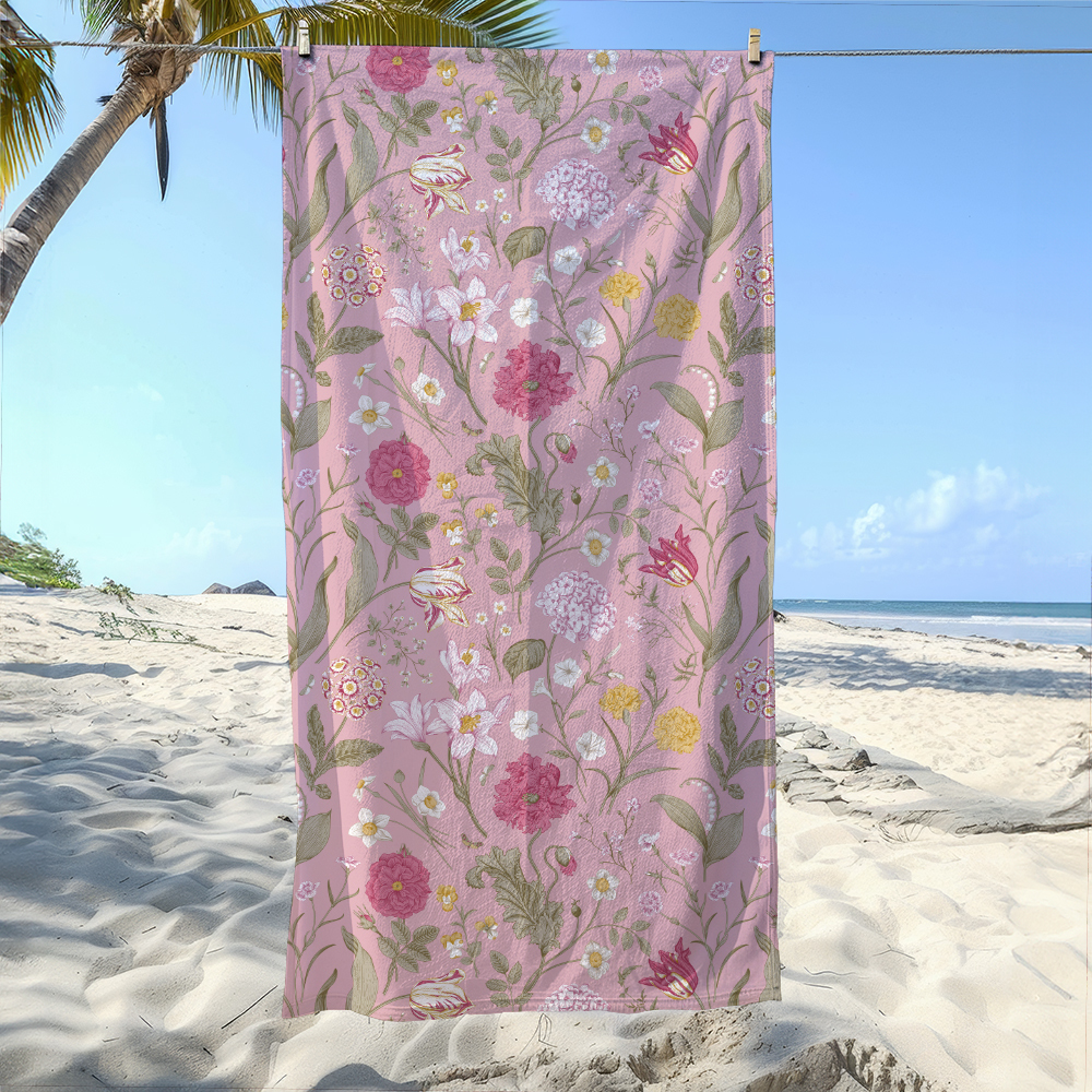 Beach Towel – Classic Floral Artwork in Shabby Chic Style with Delicate Blooms