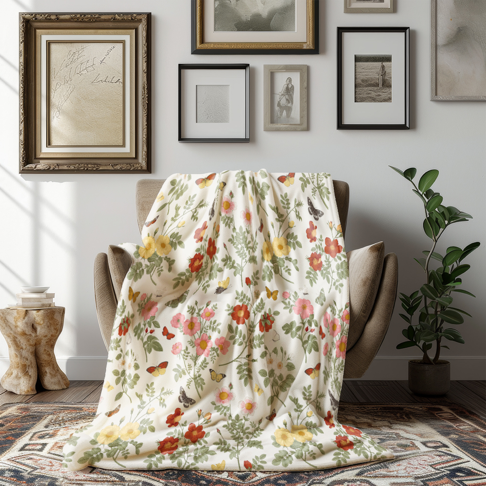 Throw Blanket – Classic Wild Roses with Butterflies Print