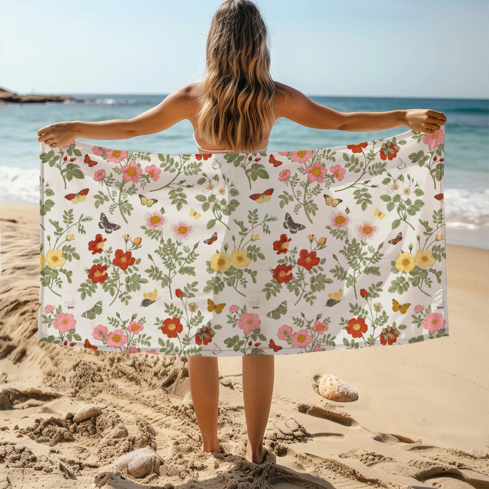 Beach Towel – Vintage Wild Rose Floral Artwork with Butterfly Elements