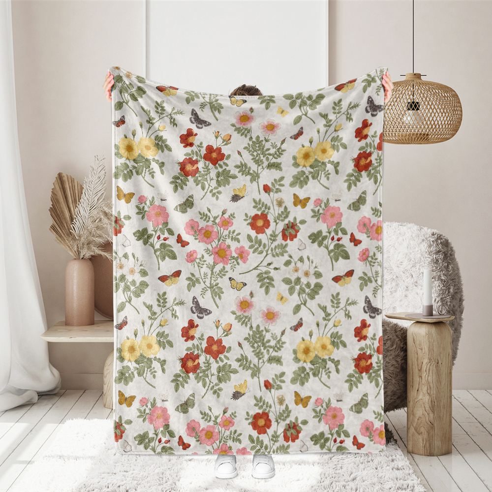 Throw Blanket – Classic Wild Roses with Butterflies Print