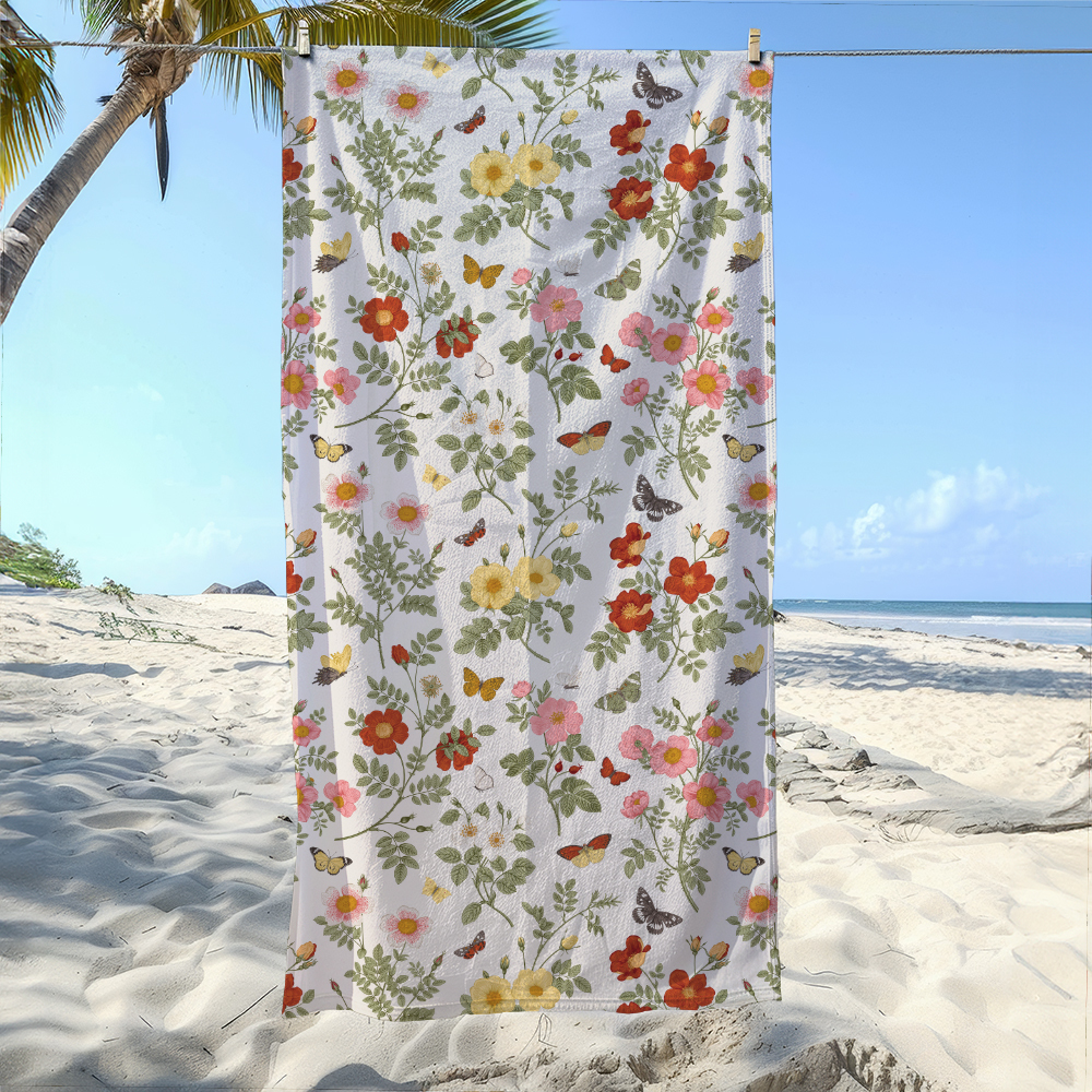 Beach Towel – Vintage Wild Rose Floral Artwork with Butterfly Elements