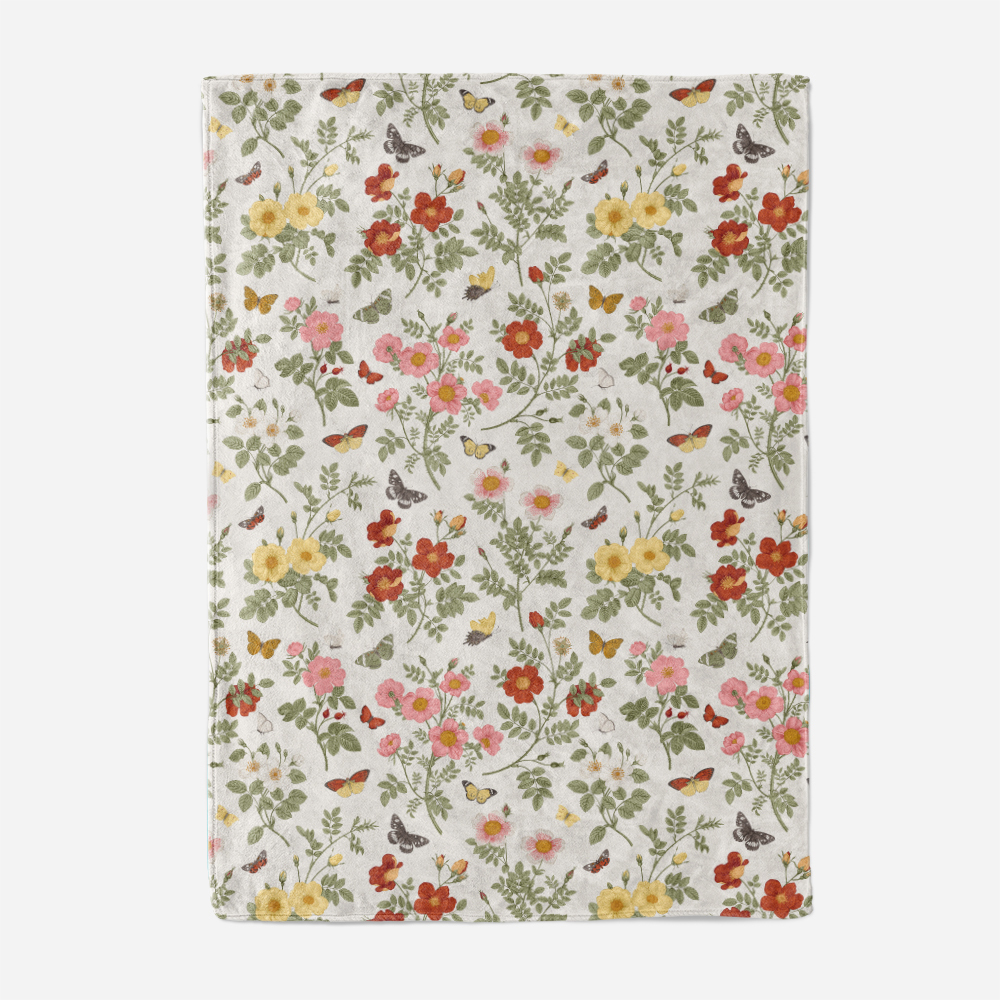 Throw Blanket – Classic Wild Roses with Butterflies Print