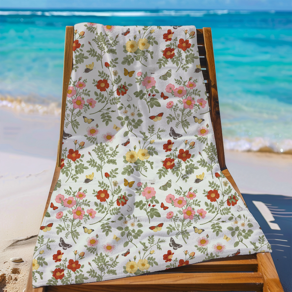 Beach Towel – Vintage Wild Rose Floral Artwork with Butterfly Elements