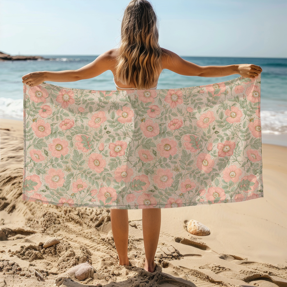 Beach Towel – Vintage Wild Rose Floral Artwork with Butterfly Elements