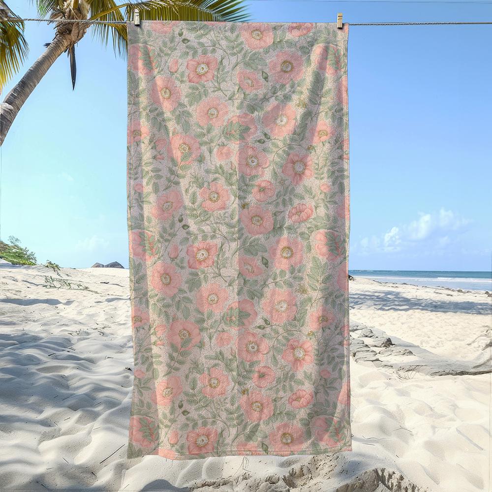 Beach Towel – Vintage Wild Rose Floral Artwork with Butterfly Elements
