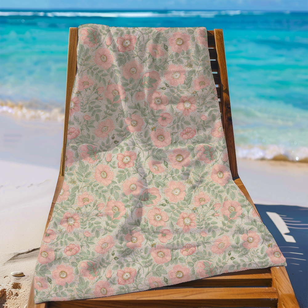 Beach Towel – Vintage Wild Rose Floral Artwork with Butterfly Elements