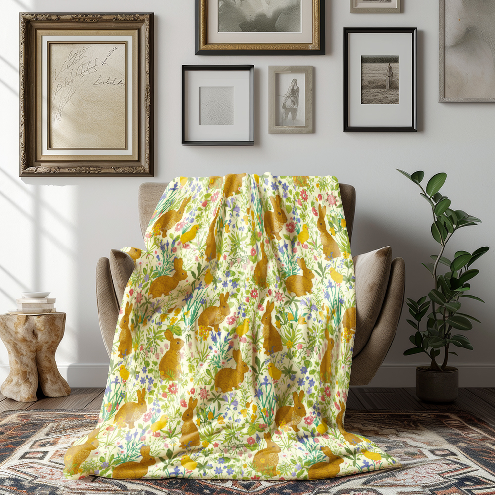 Throw Blanket – Antique Style Lawn with Bunnies and Flowers