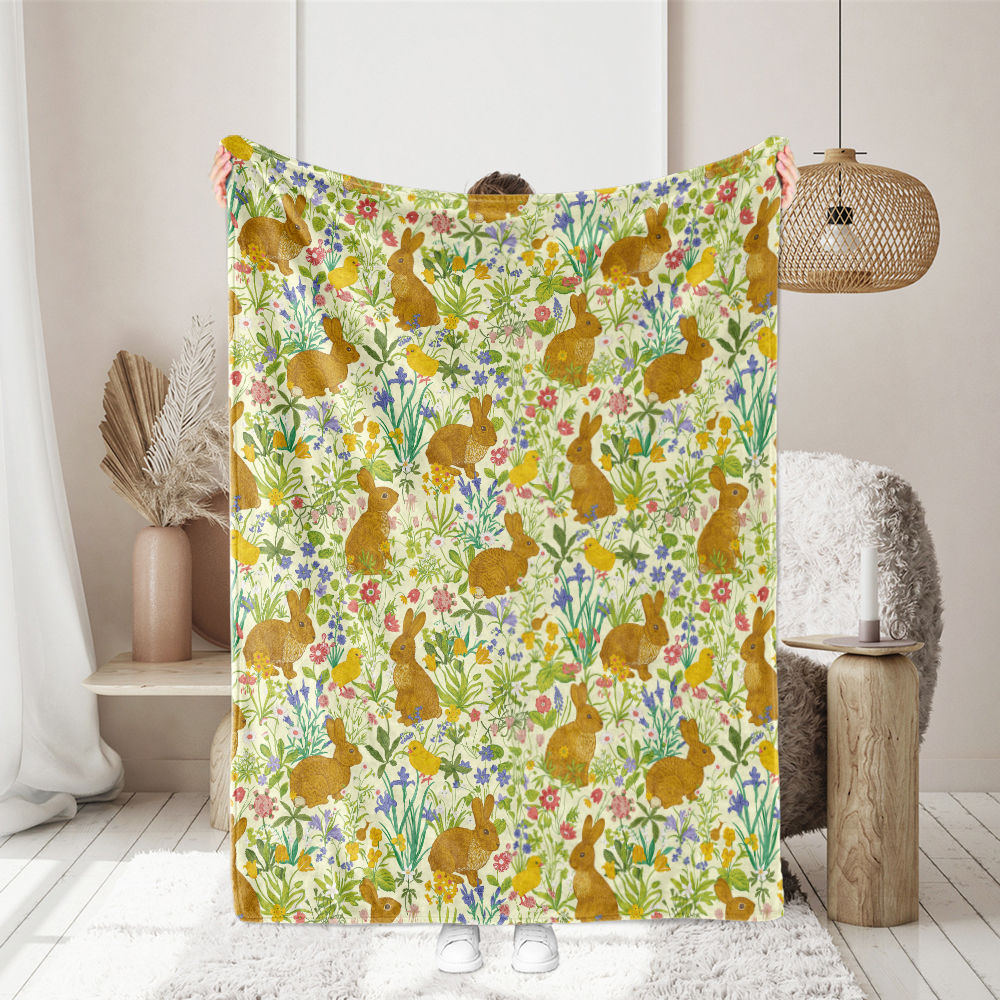 Throw Blanket – Antique Style Lawn with Bunnies and Flowers