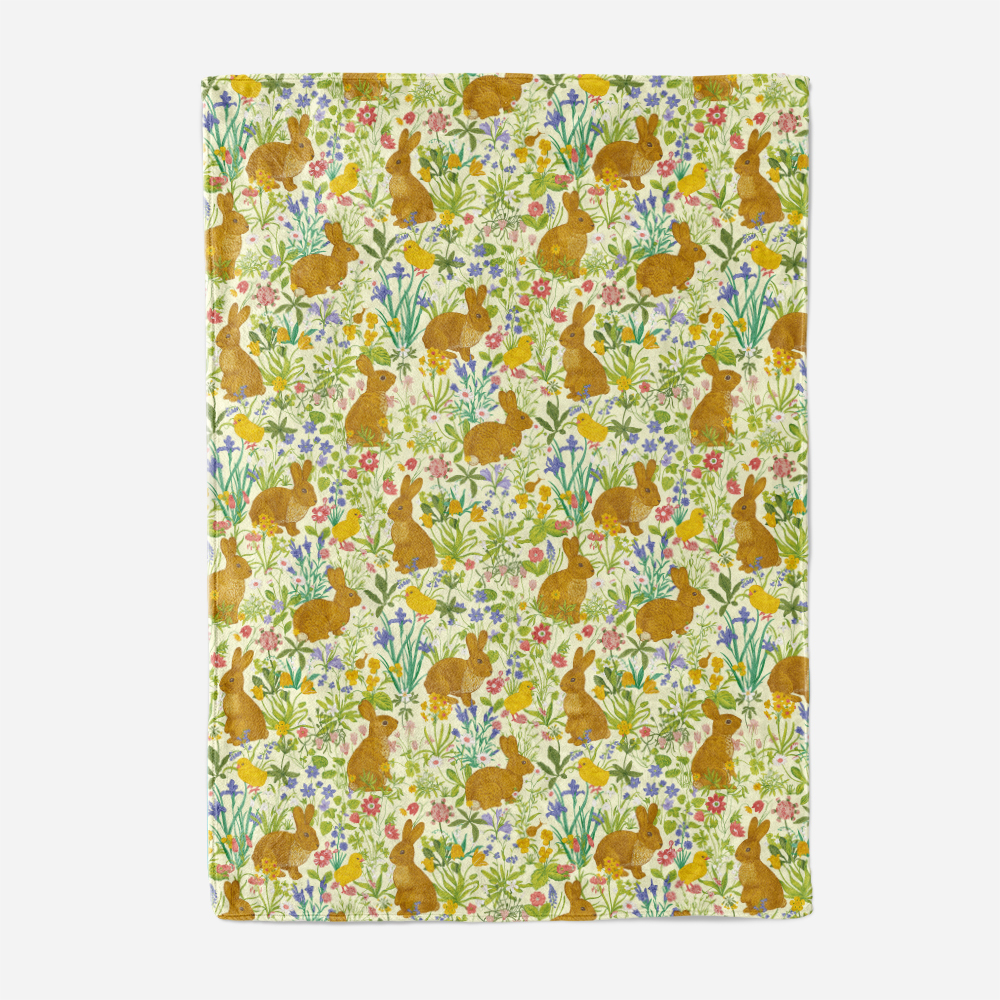 Throw Blanket – Antique Style Lawn with Bunnies and Flowers