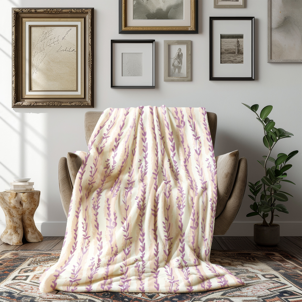 Throw Blanket – Light Purple and Beige Stripes with Lavender Leaves Woodblock Print