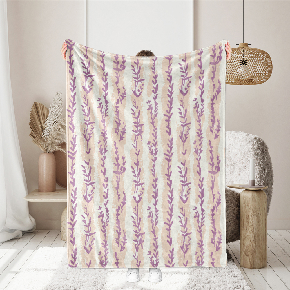 Throw Blanket – Light Purple and Beige Stripes with Lavender Leaves Woodblock Print
