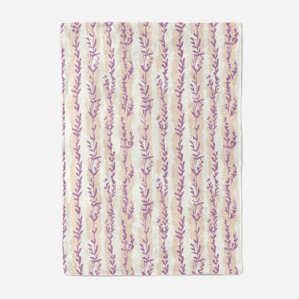 Throw Blanket – Light Purple and Beige Stripes with Lavender Leaves Woodblock Print