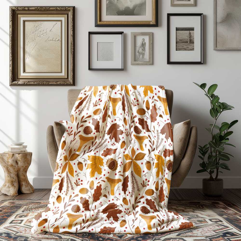 Throw Blanket – Blush Autumn Leaves Mushrooms Berries Acorns and Chestnut Print