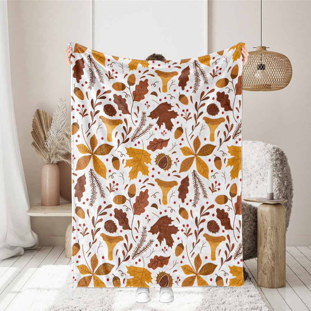 Throw Blanket – Blush Autumn Leaves Mushrooms Berries Acorns and Chestnut Print
