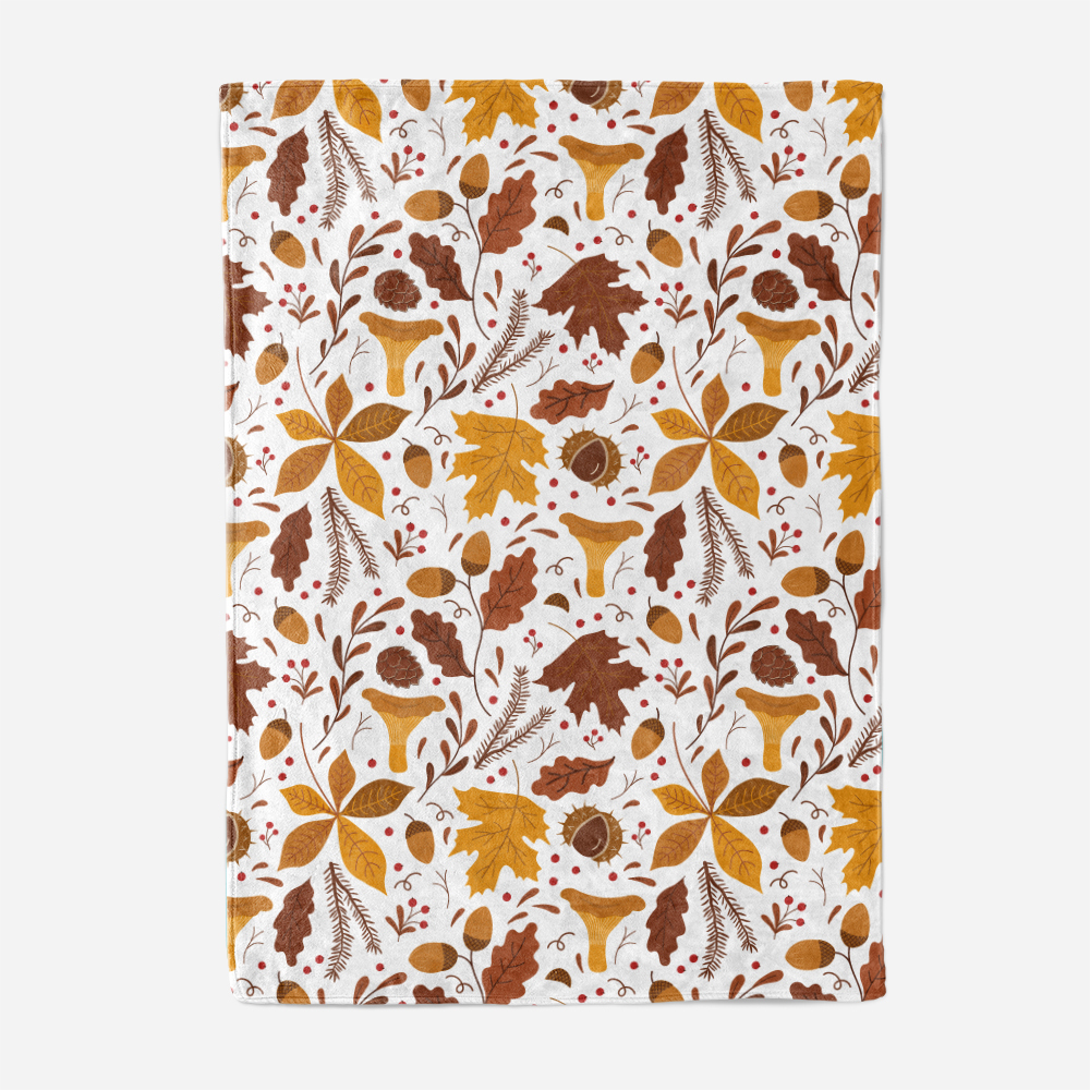 Throw Blanket – Blush Autumn Leaves Mushrooms Berries Acorns and Chestnut Print