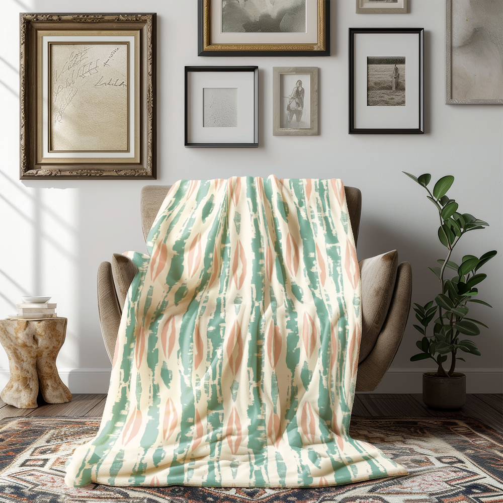 Throw Blanket – Peach and Mint Boho Pattern with Vertical Lines and Organic Shapes