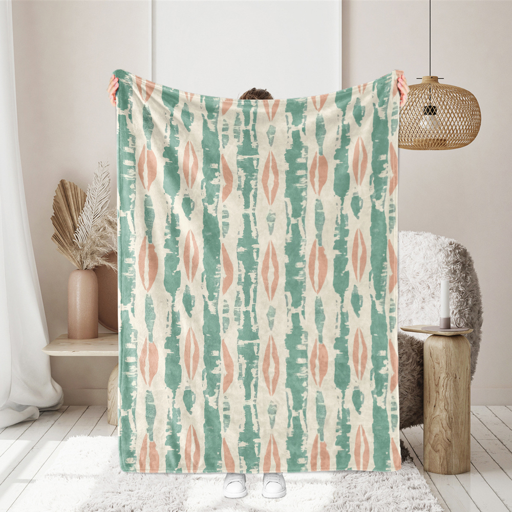 Throw Blanket – Peach and Mint Boho Pattern with Vertical Lines and Organic Shapes