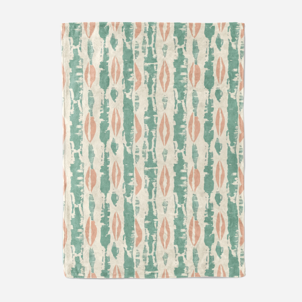 Throw Blanket – Peach and Mint Boho Pattern with Vertical Lines and Organic Shapes